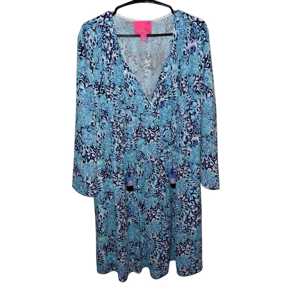 Lilly Pulitzer Tunic Dress Womens XL Blue Paisley Tassel V-Neck Shift Vacation
